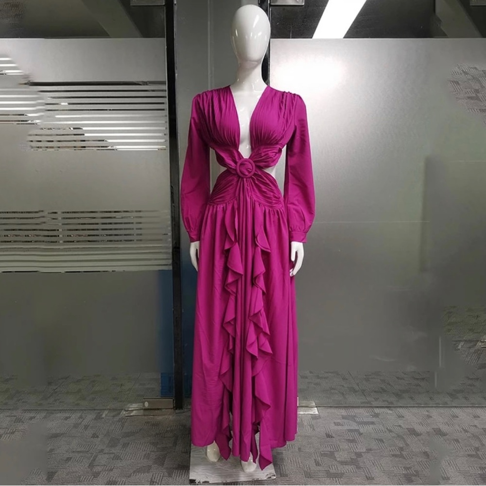 Woman Dress Cutout High Waist V-Neck pleated solid color pink Ruffled Dress
